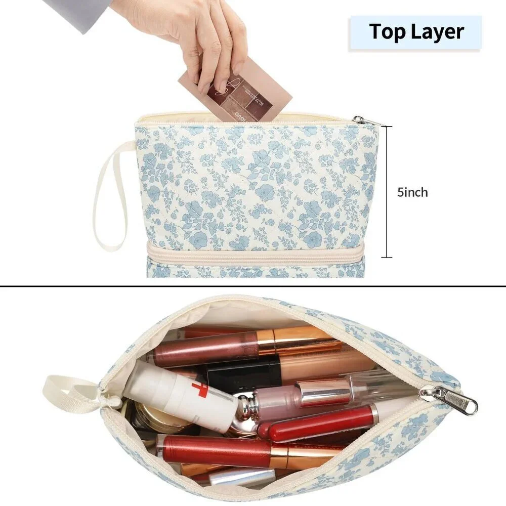 Small , 2 Layers Travel Make up Organizer Bag with Makeup Brush Holder, Portable